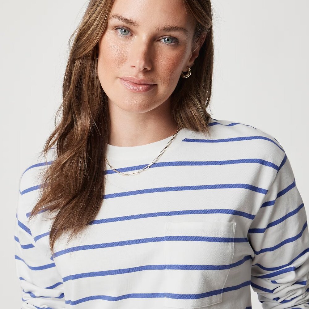 J. Crew Ivory Bistro Blue Striped Long-Sleeve Pocket Tee/NWT/L - Picture 2 of 10